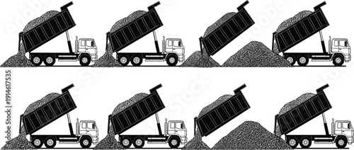 Dump truck unloading gravel sequence, construction tipper truck process isolated on white background vector