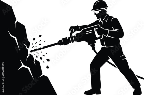 Industrial construction worker silhouette using pneumatic jackhammer drill to break stone and rock on site for mining demolition and heavy building labor design