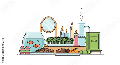 Still life with fish tank candles books and snacks on a table indoors