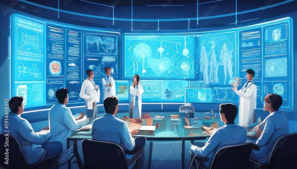 Obraz premium Futuristic Medical Team Meeting in High-Tech Control Room.