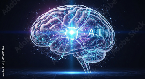 Glowing digital brain with ai symbol on dark background futuristic neural network concept