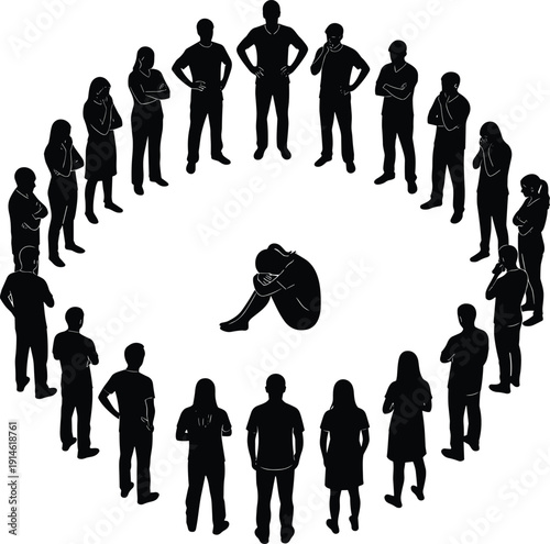 Social isolation concept, lonely person surrounded by crowd silhouettes representing pressure and mental health awareness