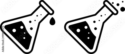 Two black beakers with bubbles and liquid on white background