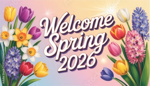 Welcome Spring 2026: A vibrant and colorful floral design with the words Welcome Spring 2026, celebrating the arrival of the season and evoking feelings of renewal and growth.