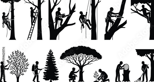 Black arborist silhouettes set with workers climbing trees using ropes chainsaws and ladders for professional tree care pruning and garden maintenance industry design