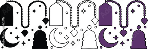 Islamic prayer beads and crescent moon with stars, Ramadan border design, vector illustration