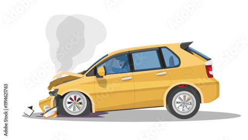 ํํYellow hatchback car was severely damaged. Bonnet was distorted. Front bumper has broken apart. Airbags deployed from steering wheel with driving inside. was smoke and an oil spill on isolated.