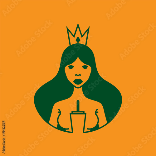 Beautiful Queen Logo Design Holding Drink with Gold Crown.eps