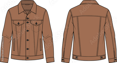 Technical fashion illustration of denim jacket front and back views with collar, button closure, chest flap pockets, seams, and waistband tabs