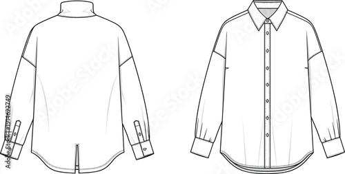 Technical fashion illustration of long-sleeve shirt front and back views with button placket, pleated cuffs, curved hem, and collar variations