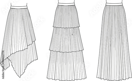 Technical fashion illustration of pleated skirts with asymmetrical hemline, tiered layered pleats, and classic long uniform pleated design