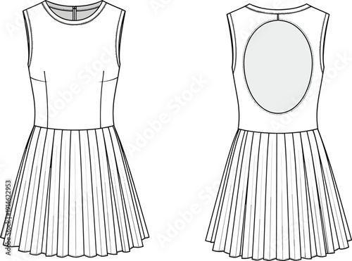 Technical fashion illustration of sleeveless dress front and back views with pleated skirt, round neckline, princess seams, and oval cut-out