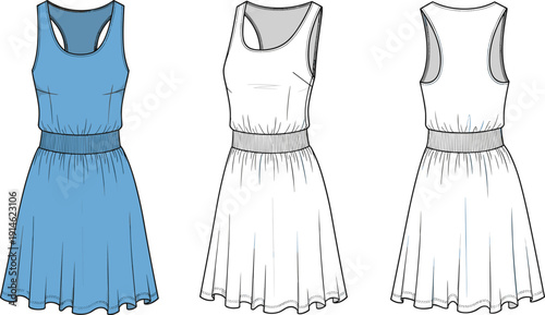 Technical fashion illustration of sleeveless women’s dress with fitted bodice, wide waistband, pleated flared skirt, front angled back views