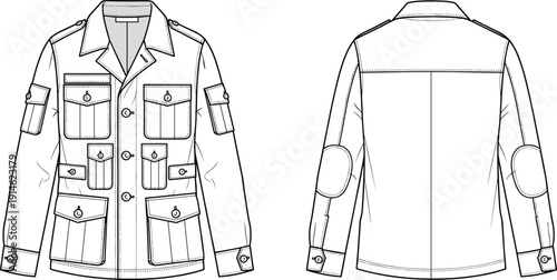 Technical fashion illustration of utility jacket front and back views with flap pockets, button closures, structured collar, and sleeve details