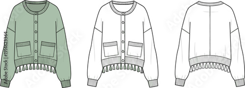Technical fashion illustration of women’s cardigan with round neckline, button closure, patch pockets, ribbed cuffs hem, decorative tassels
