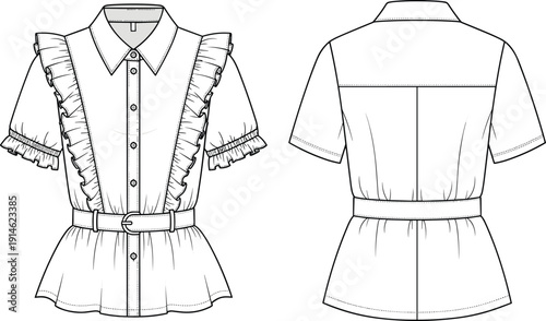 Technical fashion illustration of women’s blouse front and back views with puff sleeves, vertical ruffles, collared neckline, belt, and peplum hem