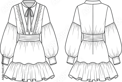 Technical fashion illustration of women’s dress front and back views with bow tie neckline, puff sleeves, lace trim, waistband, and ruffled hem
