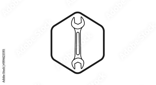 Wrench Outline Icon Inside Hexagonal Shape Representing Mechanical Service or Engineering on Isolated White Background