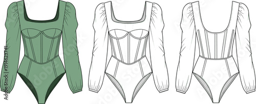 Technical fashion illustration of women’s long-sleeve bodysuit with corset-style design, puffed sleeves, square neckline, structured seam detailing