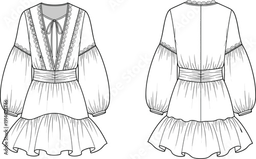 Technical fashion illustration of women’s lace-trimmed dress with deep V-neckline, wide waistband, voluminous sleeves, ruffled hem, front back views
