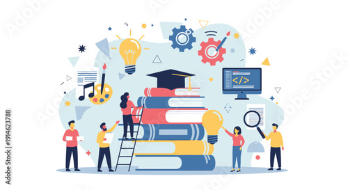 Students and educators around a stack of books with learning symbols