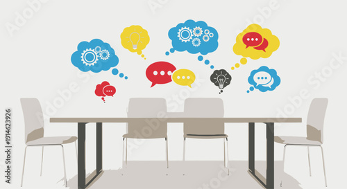 Conference room with colorful thought bubbles and chat icons above table