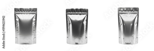 Realistic Silver Foil Stand Up Pouch Mockup Set for Food Snacks and Coffee Packaging Design
