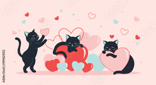 Playful cats with hearts and pastel hearts celebration scene