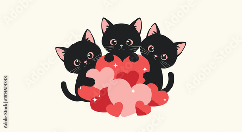 Black kittens with hearts in a pile of hearts