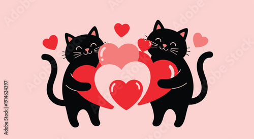 Two black cats with hearts in a pink background