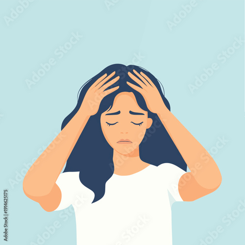 Stress and anxiety. Frustrated woman holding her head, tension and headache. mental health, emotions, and lifestyle , vector style simple color