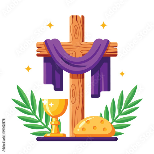 Holy week symbols with cross, chalice, bread, and palm fronds.