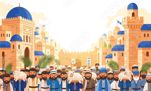 Ancient jewish procession carrying lambs into jerusalem city walls.
