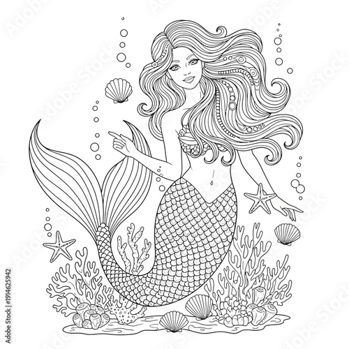 Mermaid swimming underwater with beautiful long hair among coral reef and sea shell decor
