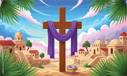 Easter cross with purple fabric and palm fronds in ancient town.