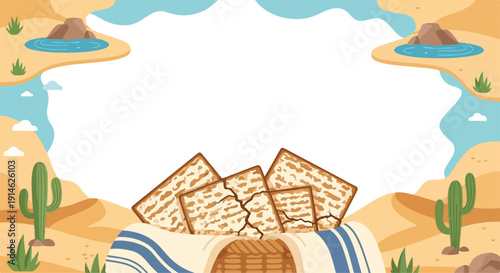 Passover desert landscape frame with matzah bread in a basket.