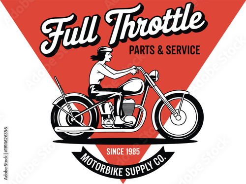 Vintage motorcycle rider with red background and black text 1