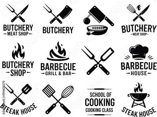 Black and white food and cooking related with text labels butchery