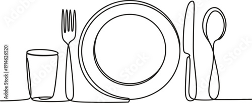 Simple line of a plate with cutlery and a glass fork knife spoon