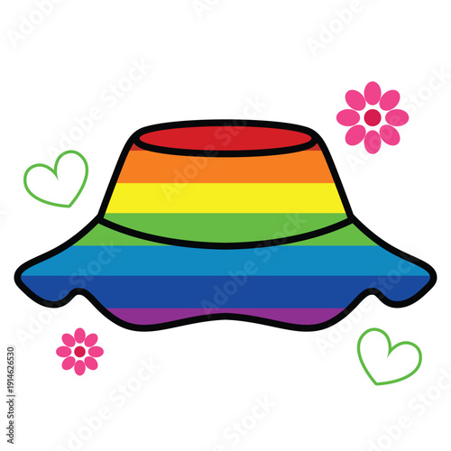 Pride rainbow bucket hat cartoon illustration with hearts and flowers.