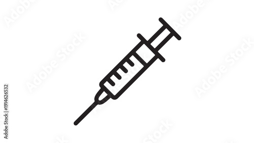 Syringe in simple line art style with dark gray color on white background for medical illustration