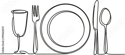 Black and white line of a wine glass, fork, plate, knife, and spoon on a table