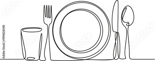 Minimalist line of a plate with fork knife and spoon on a table glass