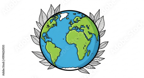 Earth Globe Surrounded by Leaves Isolated on White Background