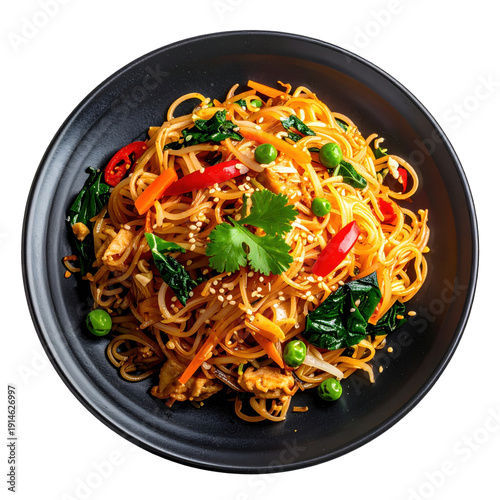 A generous portion of char kway teow, stir-fried rice noodles with a classic mix of ingredients and dark soy sauce, isolated on white background