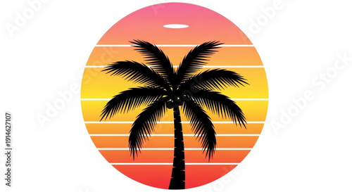 Palm Tree Silhouette against Sunset Gradient Circle