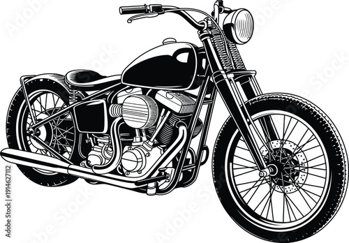 Classic black and white motorcycle with detailed engine and wheels vintage