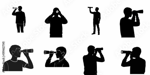 Eight vector silhouettes of people looking through optical devices like telescopes and binoculars, representing searching, observation, foresight, and vision.