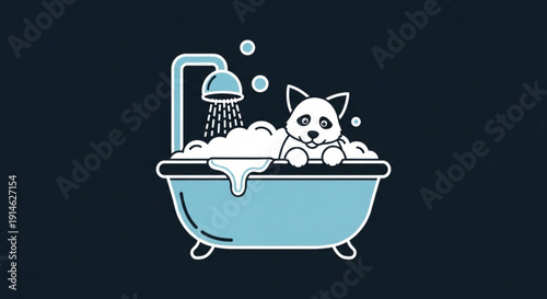 Cat Taking a Bath in Blue Bathtub with Soap Bubbles and Shower