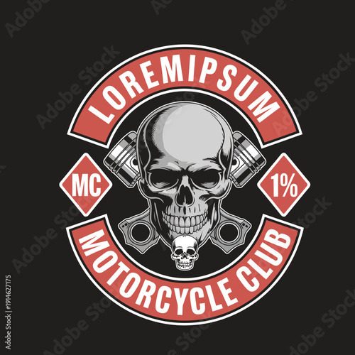 Skull with Motorcycle Parts and Motorcycle Club Emblem on Black Background